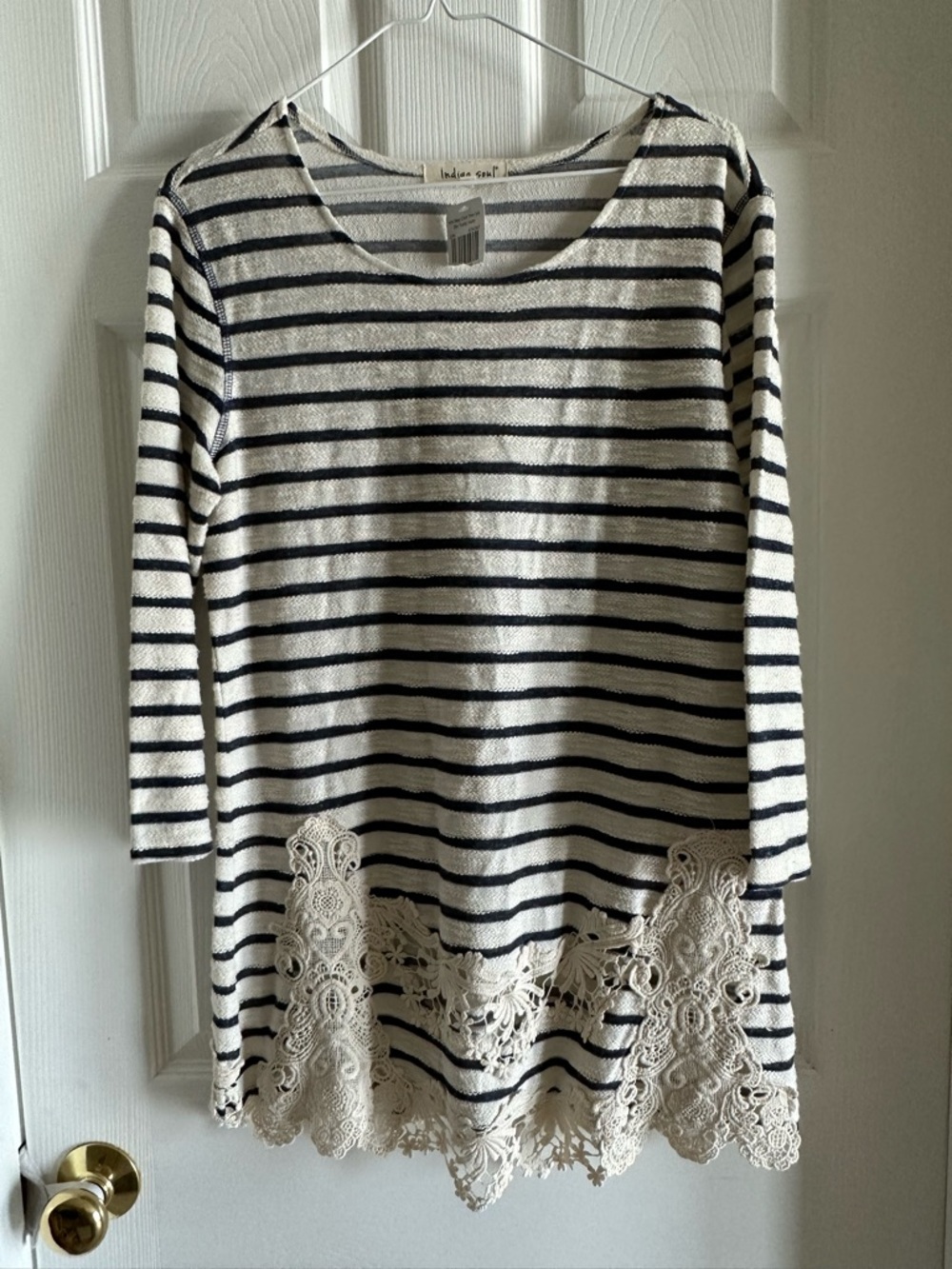 indigo soul Ivory and Navy Striped, Lace Hem Tunic